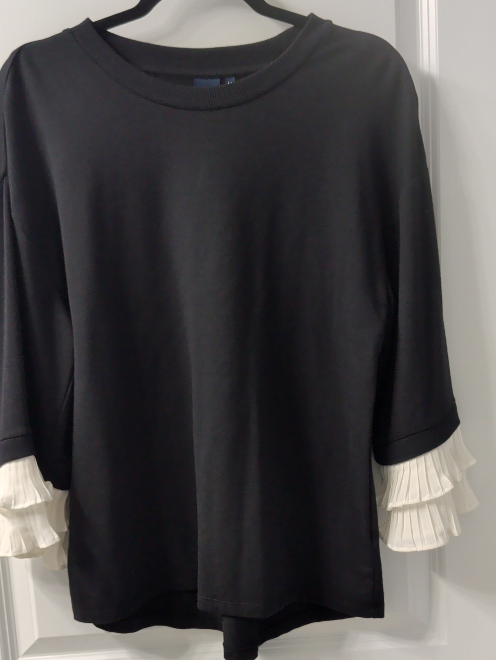 Women's Black Tunic Top with White Pleated Sleeve Caps